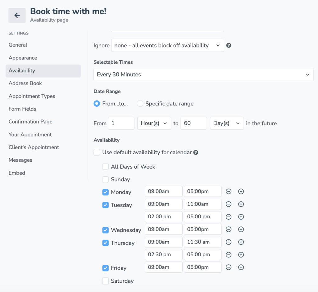Apptoto's selectable times availability settings with multiple time ranges